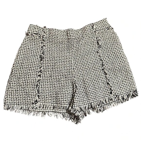 ZARA Tweed High-Waisted Fringed Houndstooth Shorts Size Small - Picture 2 of 10